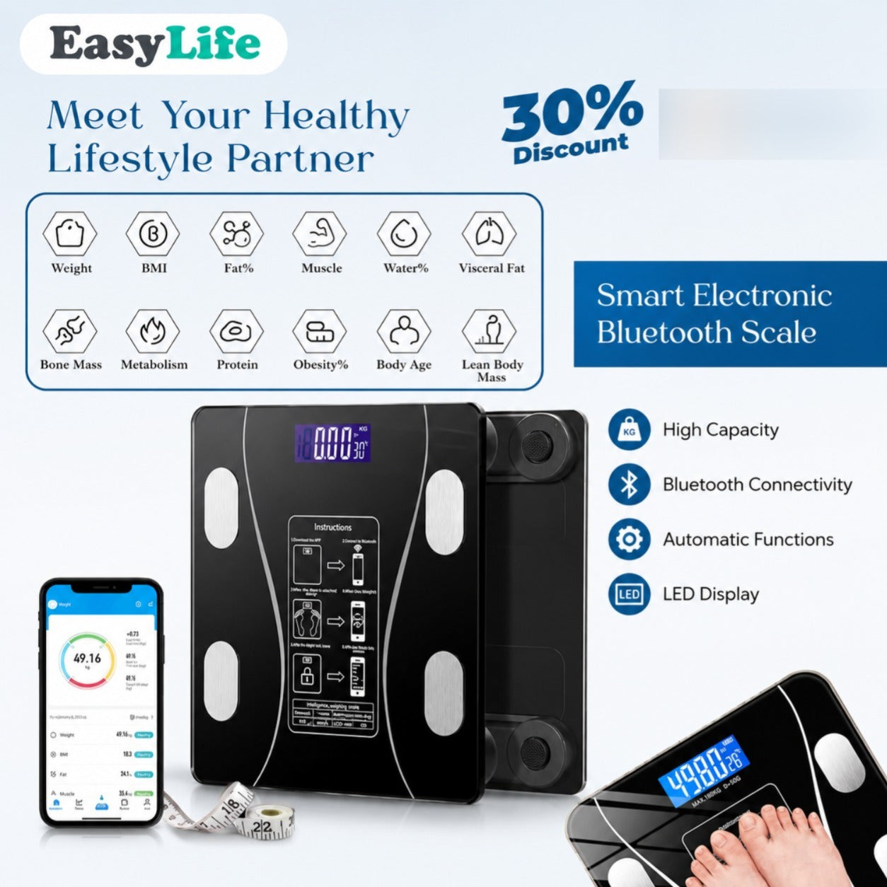 (Free Delivery) Smart Digital Body Composition Scale — Body Fat, BMI & Health Metrics, with Smartphone Tracking